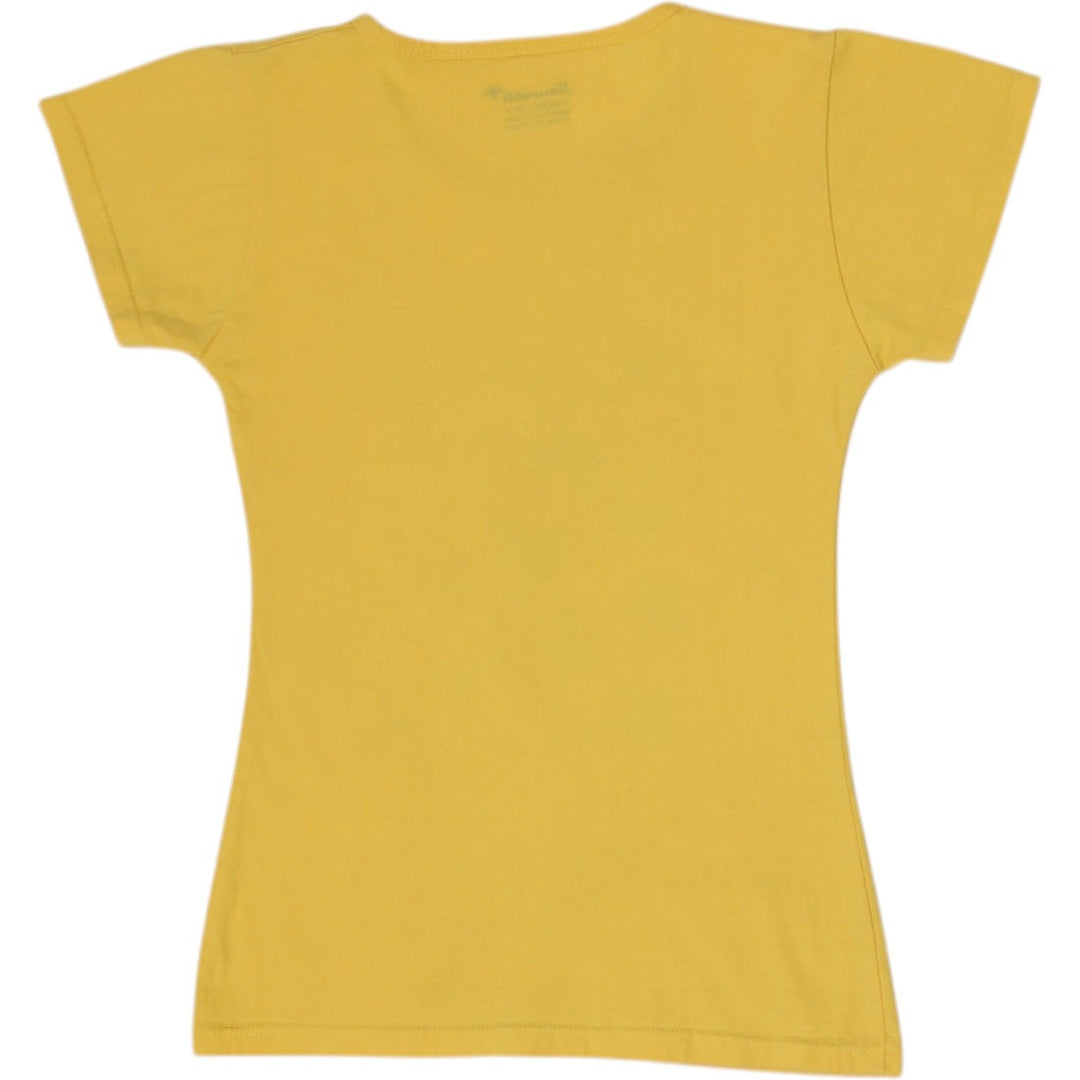 Y2K Ladies Yellow Cursive "Strawberry" Character Graphic Fitted Tee Size 38