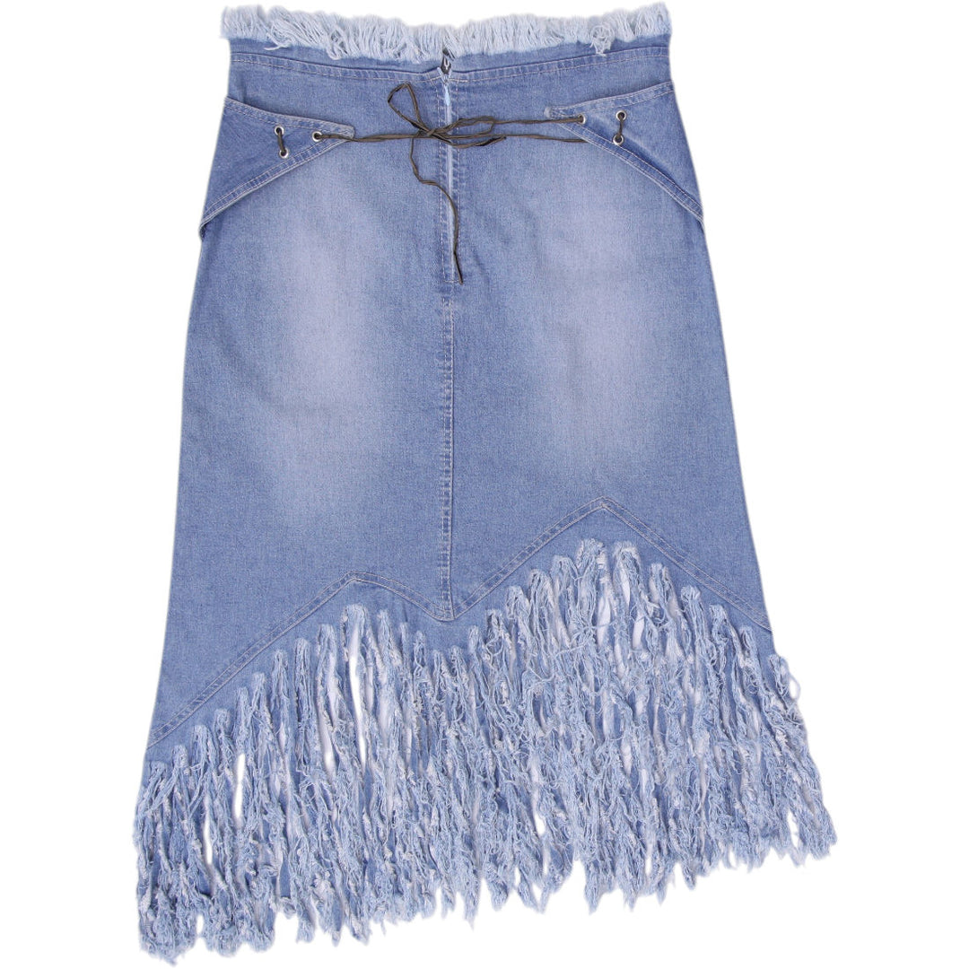 Y2K Ladies ANDYY Rosa Distressed Fringe Denim Midi Skirt Size 38