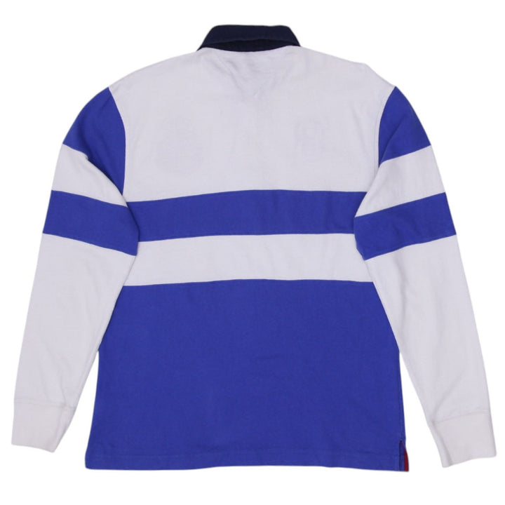Mens Tommy Hilfiger Rugby Shirt Blue White Striped Embroidered Crest
