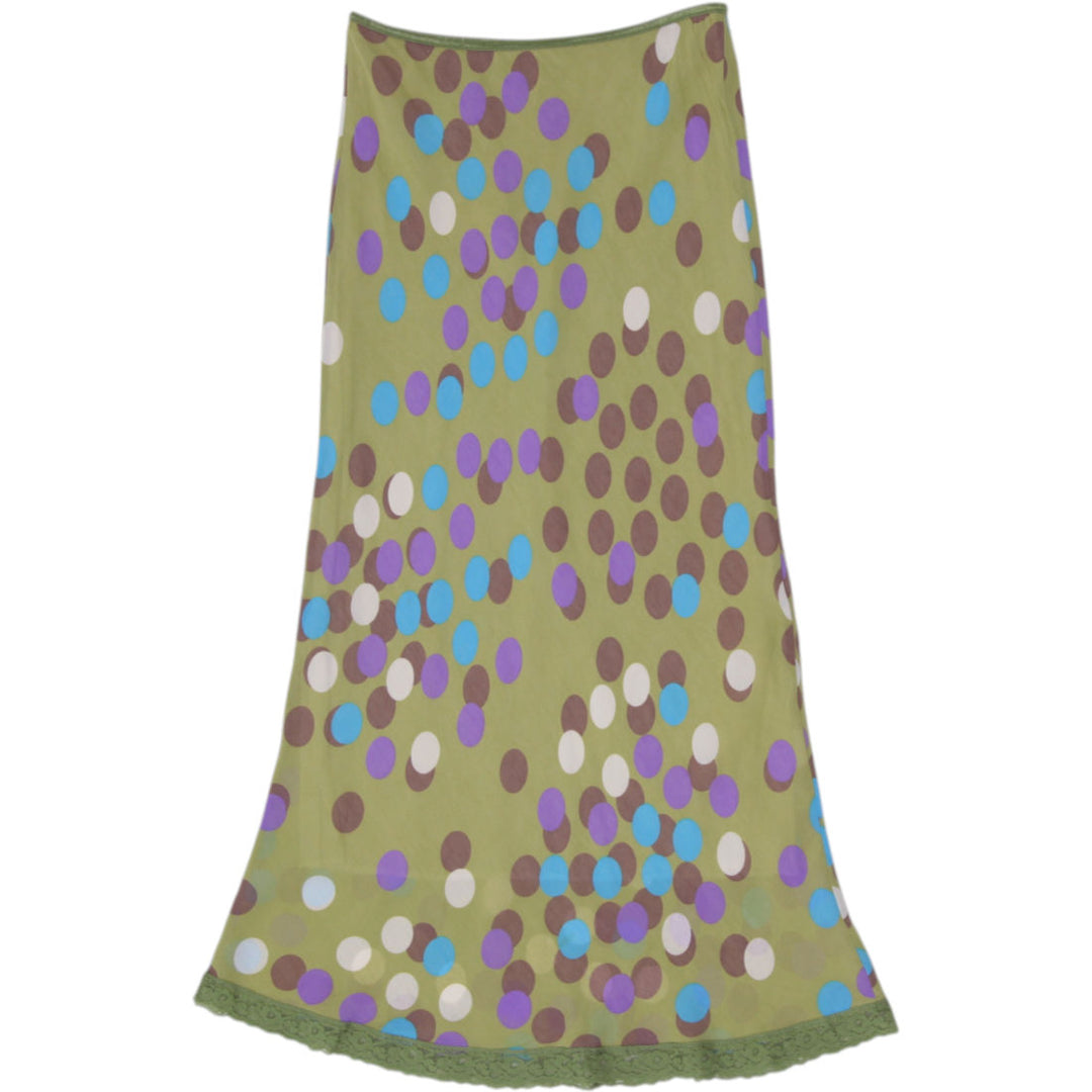 Y2K Melissa M Olive Green Polka Dot Lace Trim Midi Skirt Size M