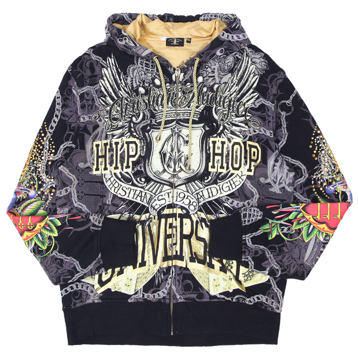 Mens Y2K  Christian Audigier Hip Hop University Stoned AOP Skull Hoodie - Fashion Rerun Vintage Migration_Sweaters