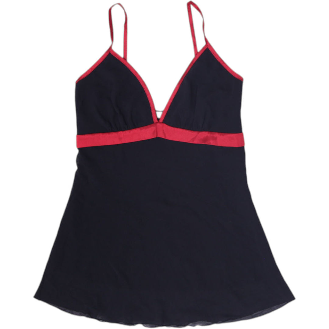 Y2K Ladies Mariposa  Black Red Satin Trim Cami Top Smocked Back Babydoll Size M
