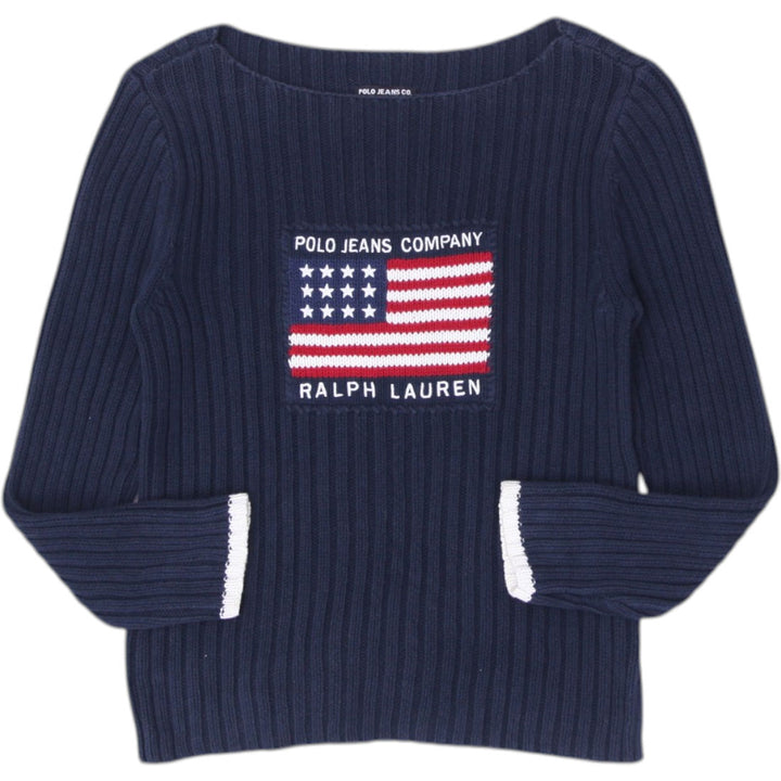 Vintage Ladies 90s Polo Jeans Company Ralph Lauren Navy USA Flag Ribbed Knit