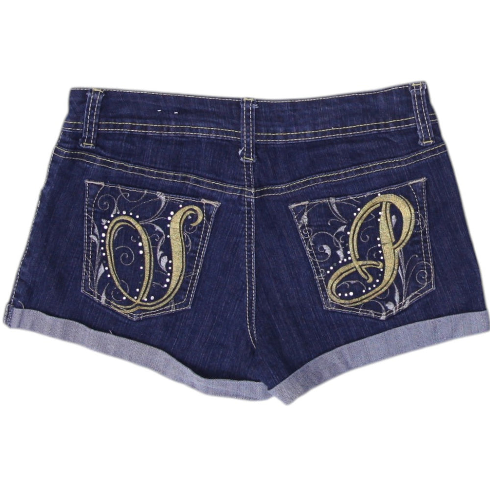 Y2K Ladies Embroidered Casual Fashion Blue Denim Shorts Size 3 | Migration_Shorts - Side View | Fashion Rerun