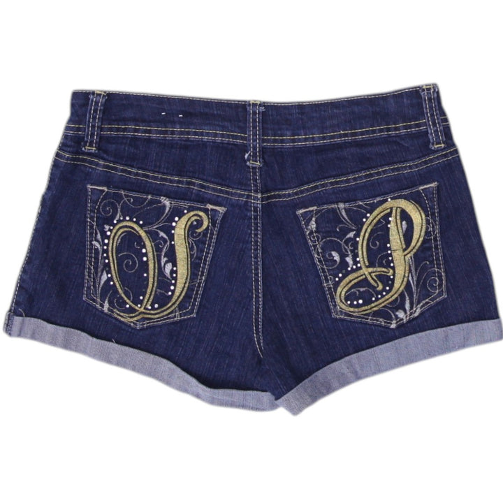 Y2K Ladies Embroidered Casual Fashion Blue Denim Shorts Size 3 | Migration_Shorts - Side View | Fashion Rerun