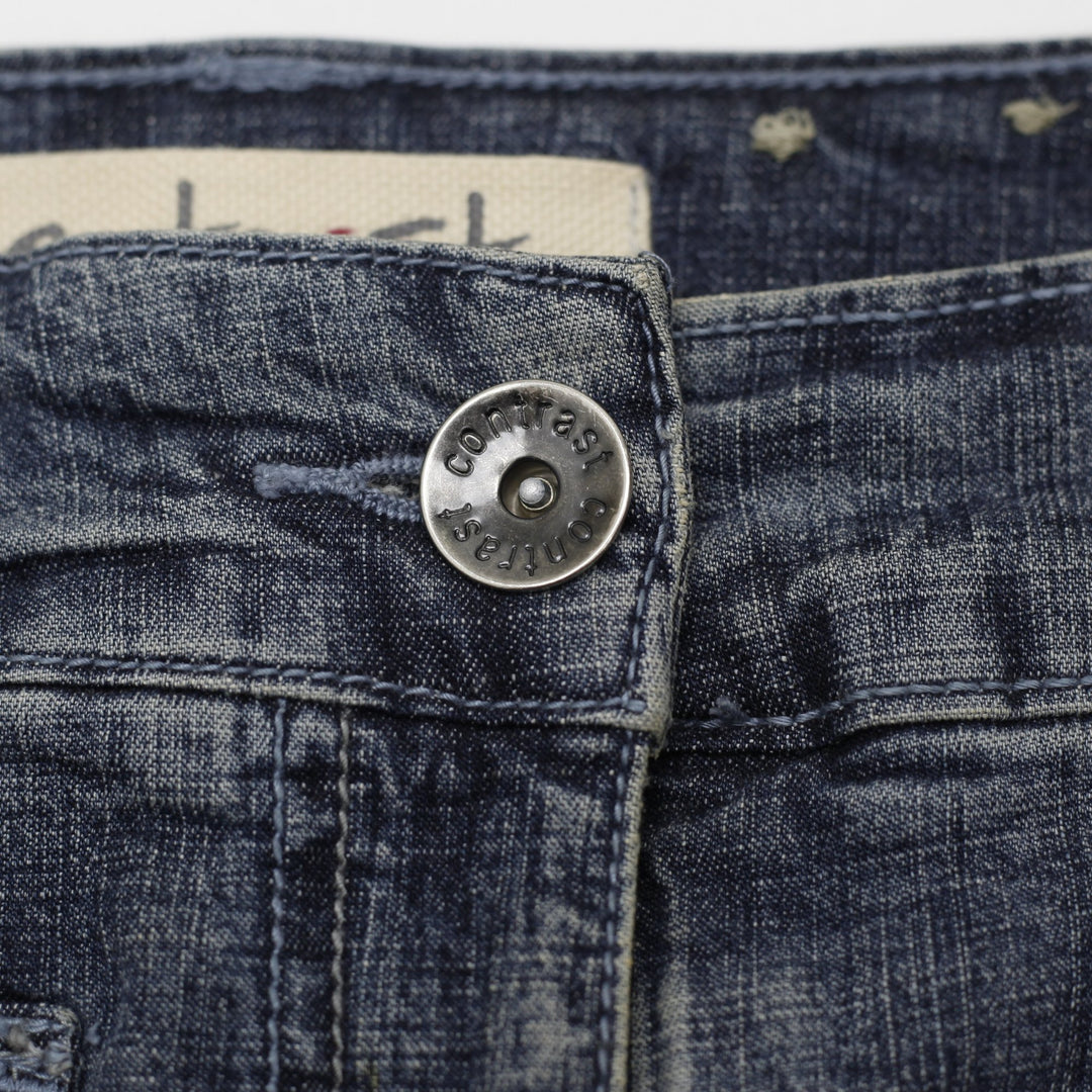 Y2K Ladies Contrast Denim Mini Skirt Dark Wash Cargo Flap Pockets