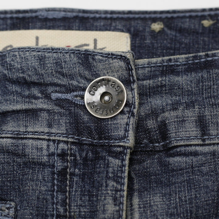 Y2K Ladies Contrast Denim Mini Skirt Dark Wash Cargo Flap Pockets