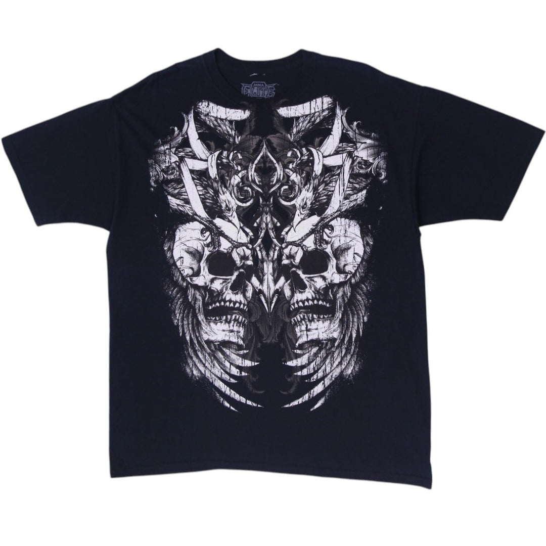 Y2k Mens MMA Elite Mall Goth Double Skull Graphic T Shirt Black Mens XL