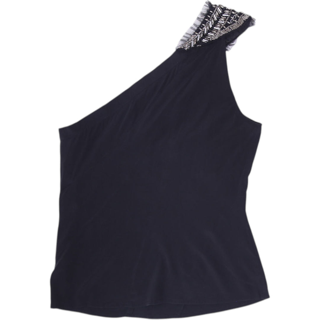 Y2K Ladies Bebe One Shoulder Silk Blend Beaded Top Black Size S