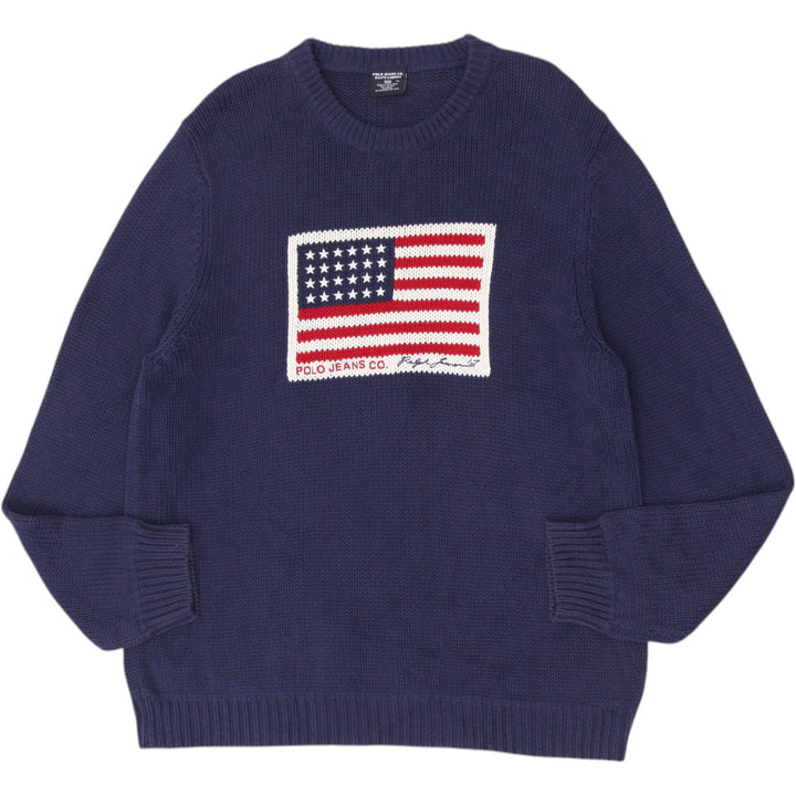 Vintage Polo Ralph Lauren Navy Blue Cotton American Flag Knit Sweater XL