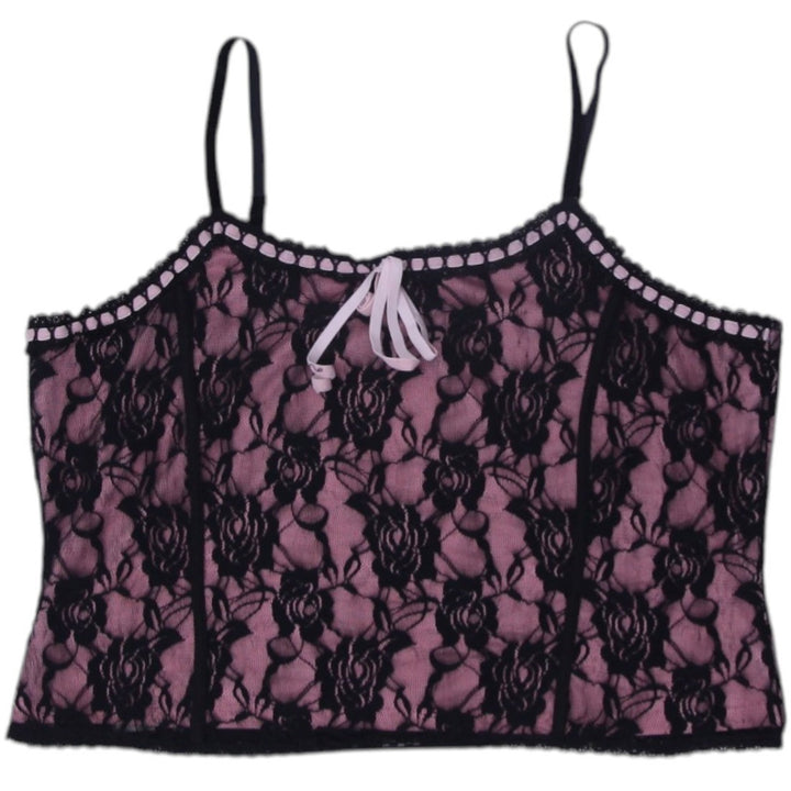 Y2K Ladies Crop Black Lace Pink Bow Strappy Top