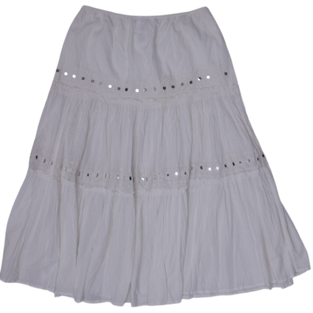 Y2K White Tiered Sequin Maxi Skirt - Size M | Migration_Skirts - Side View | Fashion Rerun