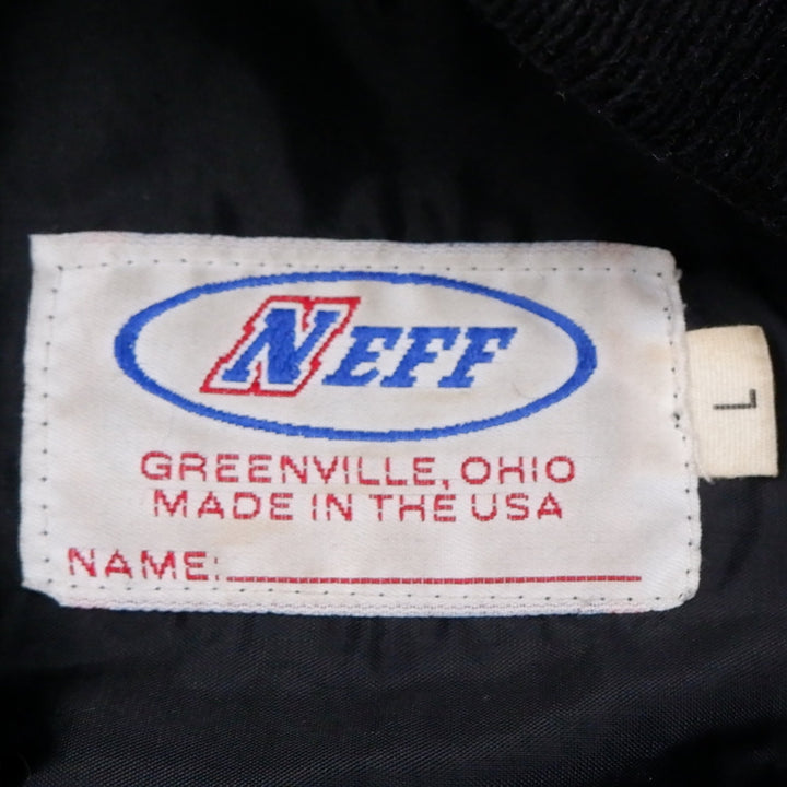 Vintage Mens Neff Varsity Jacket Black Blue Leather Sleeve R Embroidery | Migration_Jackets - Back View | Fashion Rerun