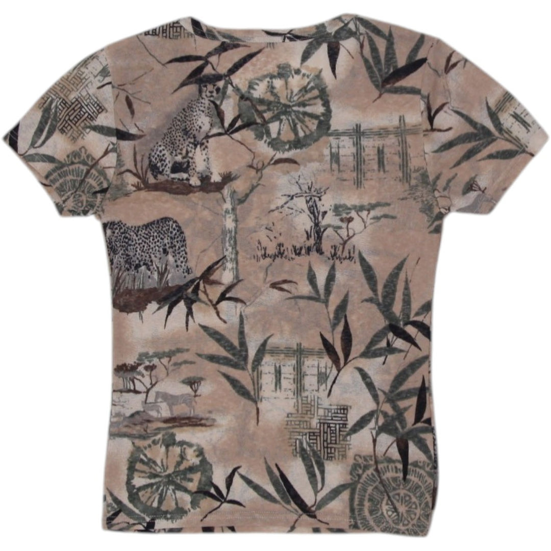 Y2K Ladies Promod T-Shirt Multi Color Graphic Leaf Print | Migration_Y2K Tops - Side View | Fashion Rerun