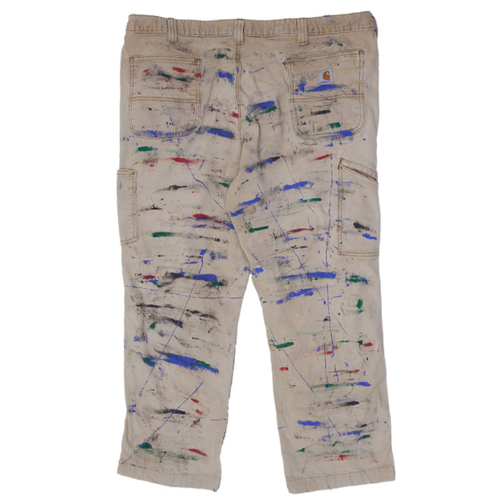 Rework Carhartt Relaxed Fit Brown Paint Splatter Work Mens Pants - PR303