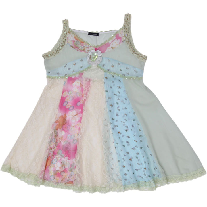 Y2K Ladies Mendocino Floral Patchwork Lace & Sequin Empire Waist Cami Mini Dress