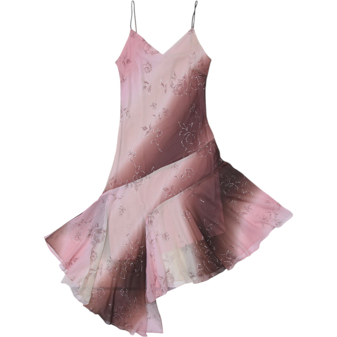 Y2K Ladies Fanny Floral Embroidered Slip Long Dress Size L