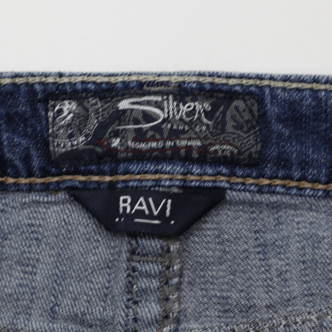 Y2K Ladies Silver Mini Skirt Blue Distressed Denim