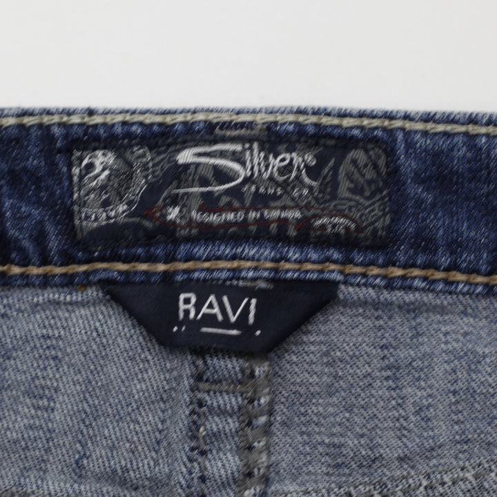 Y2K Ladies Silver Mini Skirt Blue Distressed Denim