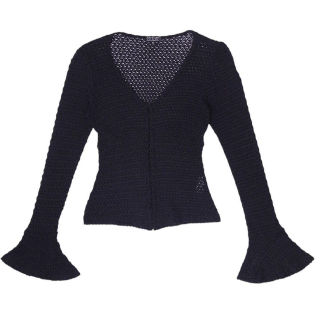 Y2K Ladies Black Sheer Open Knit Crochet Bell Sleeve Cardigan Made in USA M
