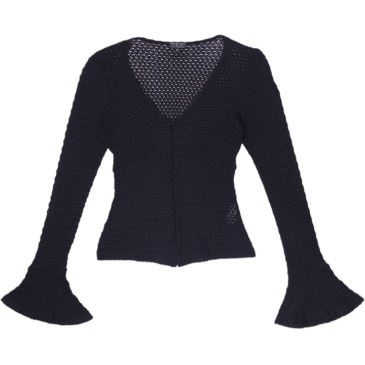 Y2K Ladies Black Sheer Open Knit Crochet Bell Sleeve Cardigan Made in USA M