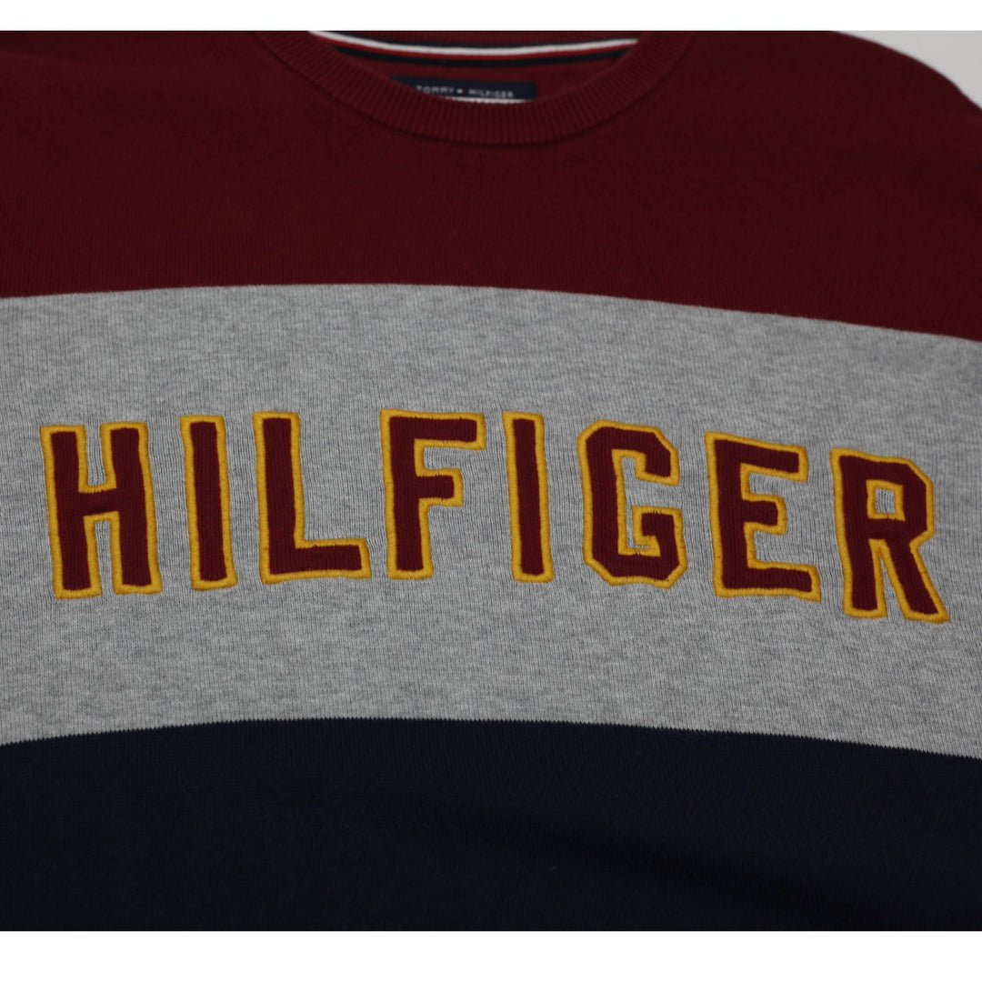 Mens Tommy Hilfiger Sweater Maroon Navy Colorblock Logo Crewneck Size L