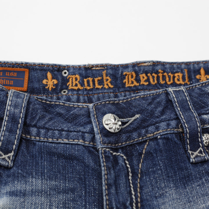 Y2K Ladies Rock Revival Alanis Denim Shorts Washed Blue Distressed