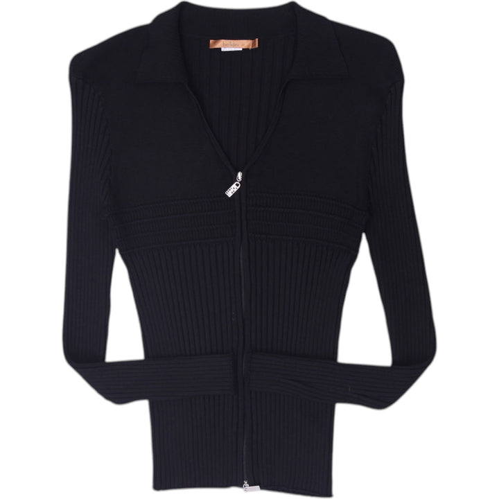Y2K Ladies Belldini Fitted Ribbed Knit Collared Zip Top