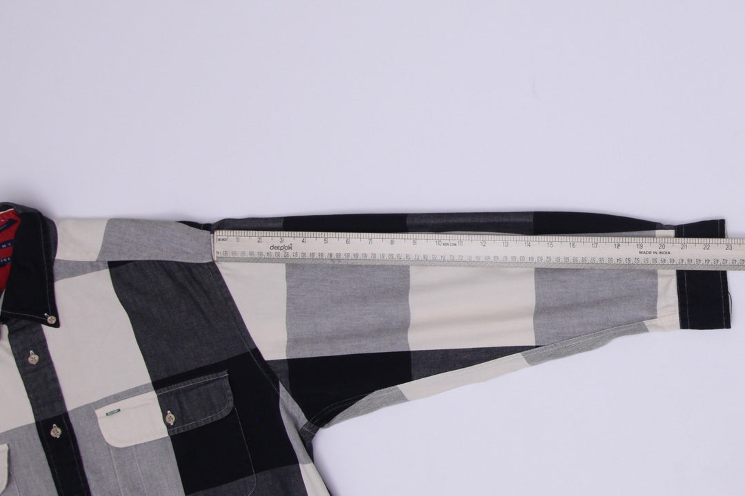 Vintage Mens Tommy Hilfiger Shirt Black Gray Check Long Sleeve Cotton Size M