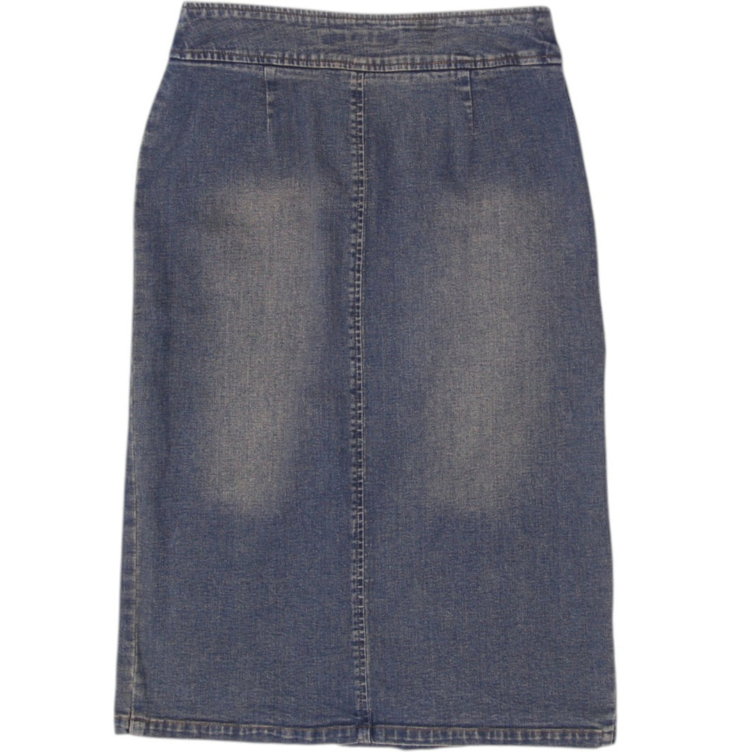 Y2K Ladies Distressed Vintage Style Denim Midi Skirt Size S | Migration_Skirts - Side View | Fashion Rerun