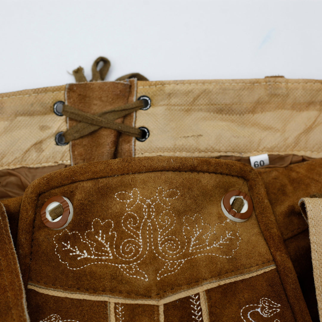 Vintage 70's Bavarian/German Brown Suede Leather Lederhosen With Embroidery And Suspenders