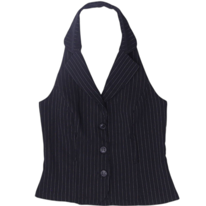Y2K Ladies Seduction Pinstripe Halter Black Button Up M