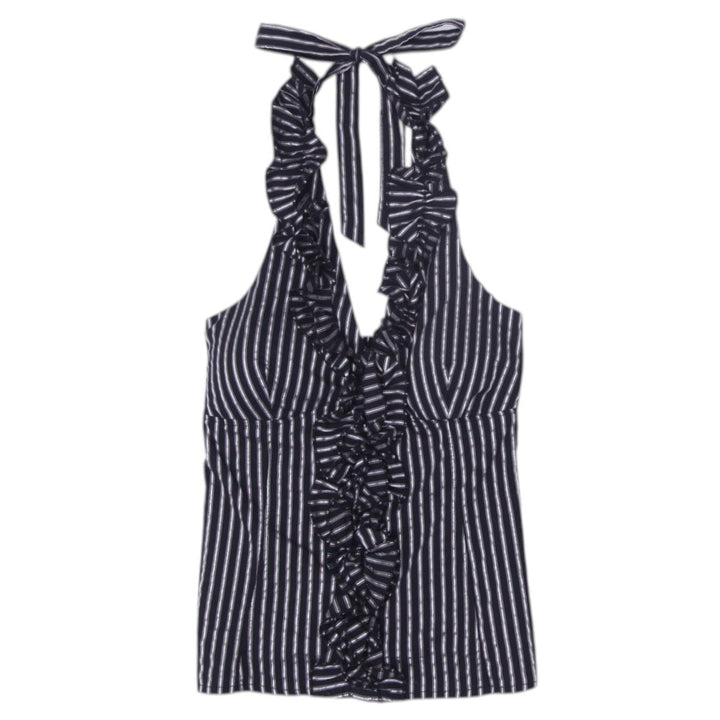 Y2K Ladies Swimwear Top Black White Striped Halter Ruffled Size XL