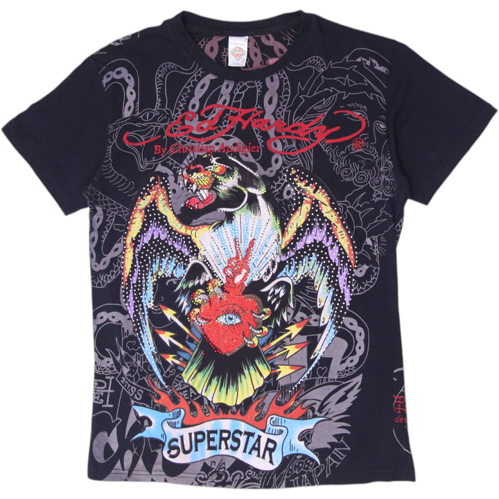 Y2K Ladies Ed Hardy All Over Print Superstar Eagle Fun Dagger Heart T-Shirt XL