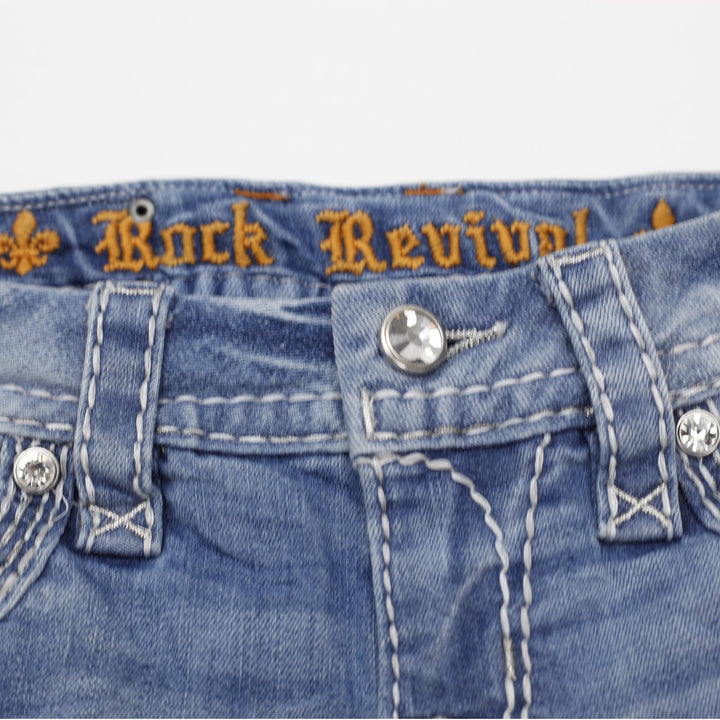 Y2K Ladies Rock Revival Denim Shorts Washed Blue Distressed Rhinestone