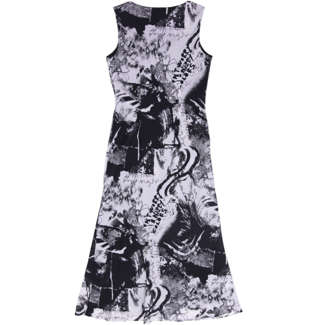 Y2K Ladies Tribal Graffiti Print Sleeveless Long Dress Size S