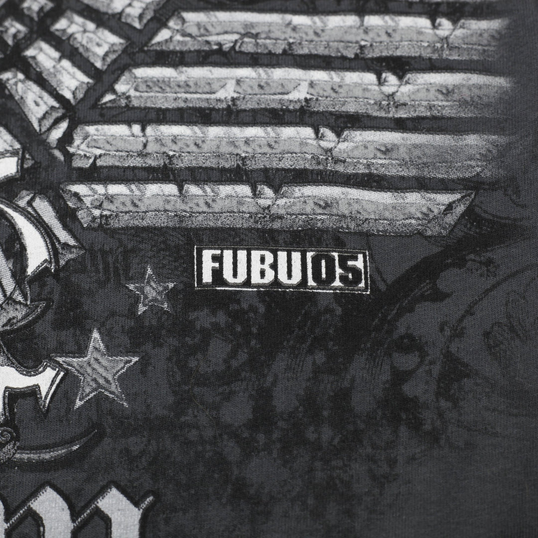 Y2K Mens FUBU T-Shirt Gray Graphic Print Crew Neck Cotton Size S