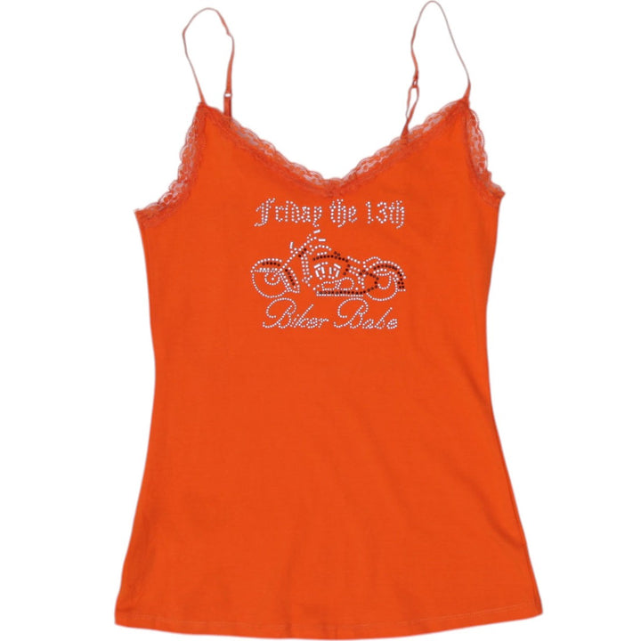 Y2K Ladies TNL Orange Rhinestone Lace Trim Strappy Top Size M
