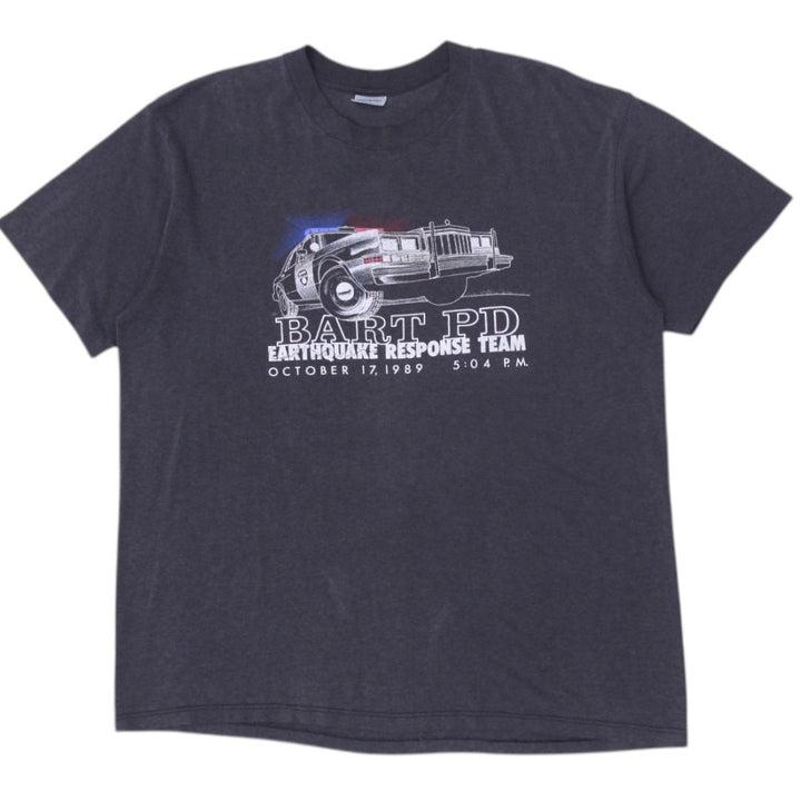 Vintage 80s Stedman Black Graphic Earthquake Team T-Shirt made in USA Size XL | Migration_T-Shirts | Fashion Rerun