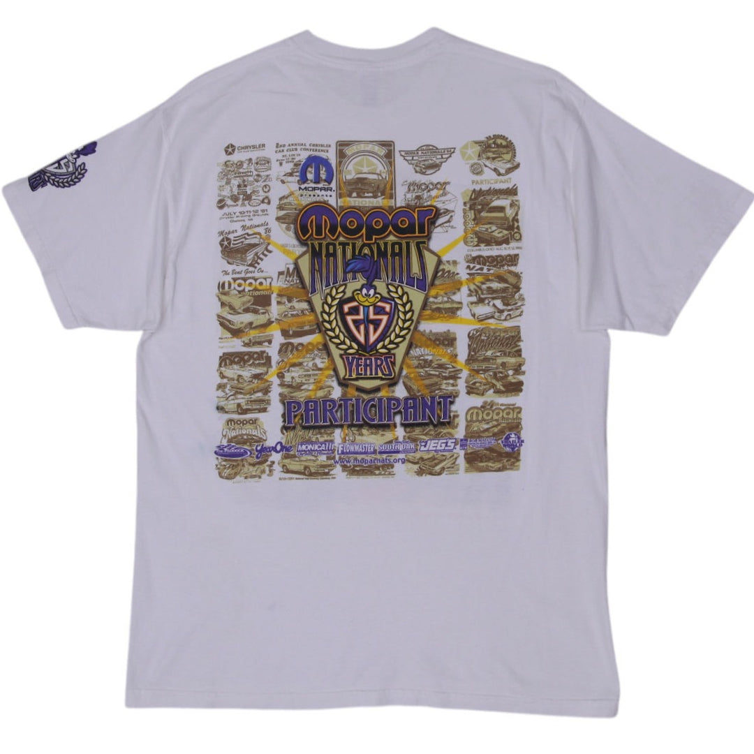 Vintage Jerzees Mopar Nationals 25th Anniversary White T-Shirt XL | Migration_T-Shirts - Side View | Fashion Rerun