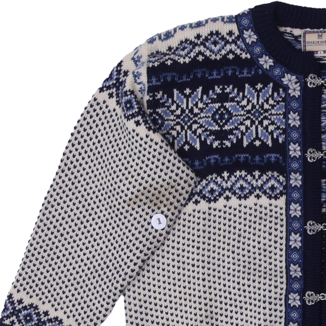 Vintage Mens Dale of Norway Cardigan Sweater Navy Blue Wool Nordic Pattern