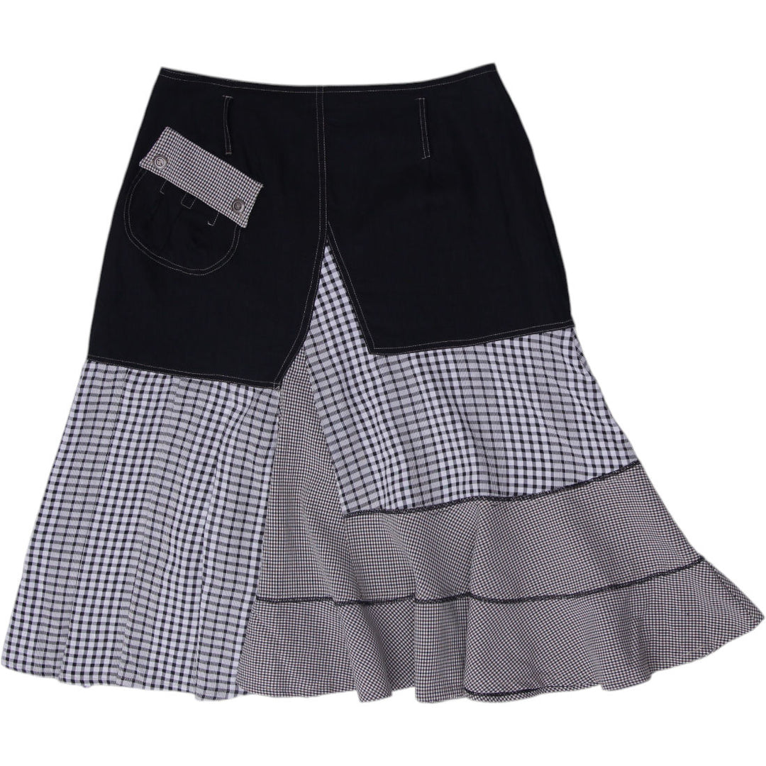 Y2K Ladies Linea Domani Black & Gingham Patchwork Asymmetrical Midi Skirt Size 8