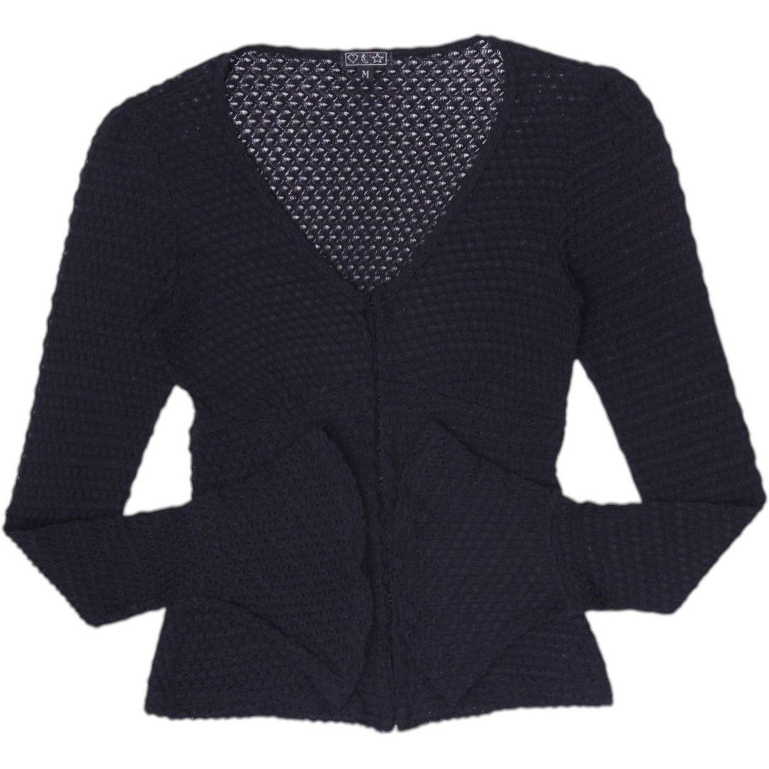 Y2K Ladies Black Sheer Open Knit Crochet Bell Sleeve Cardigan Made in USA M
