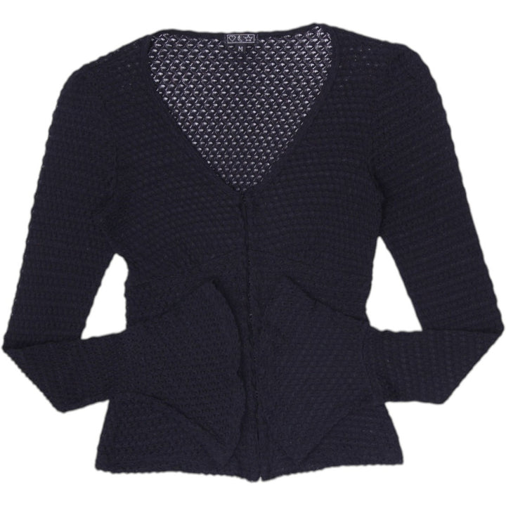 Y2K Ladies Black Sheer Open Knit Crochet Bell Sleeve Cardigan Made in USA M