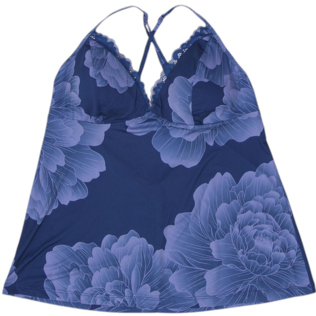 Y2K La Vie En Rose Blue Floral Cami Tank Top Large Lace Trim Strappy Cross Back