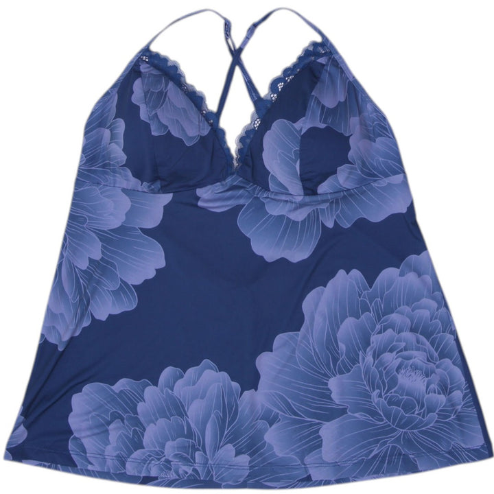 Y2K La Vie En Rose Blue Floral Cami Tank Top Large Lace Trim Strappy Cross Back