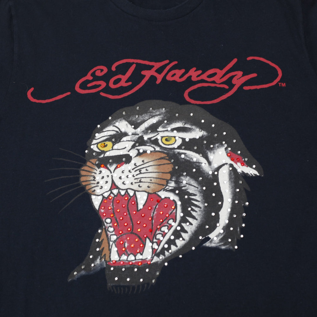 Y2K Mens Ed Hardy Black Panther Rhinestone Graphic T-Shirt Size XL