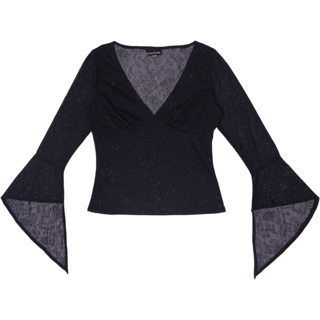 Y2K Ladies Tomtom Black Glitter Mesh Pointed Bell Sleeve Top