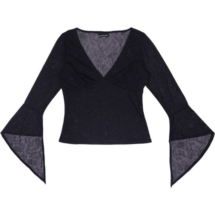 Y2K Ladies Tomtom Black Glitter Mesh Pointed Bell Sleeve Top