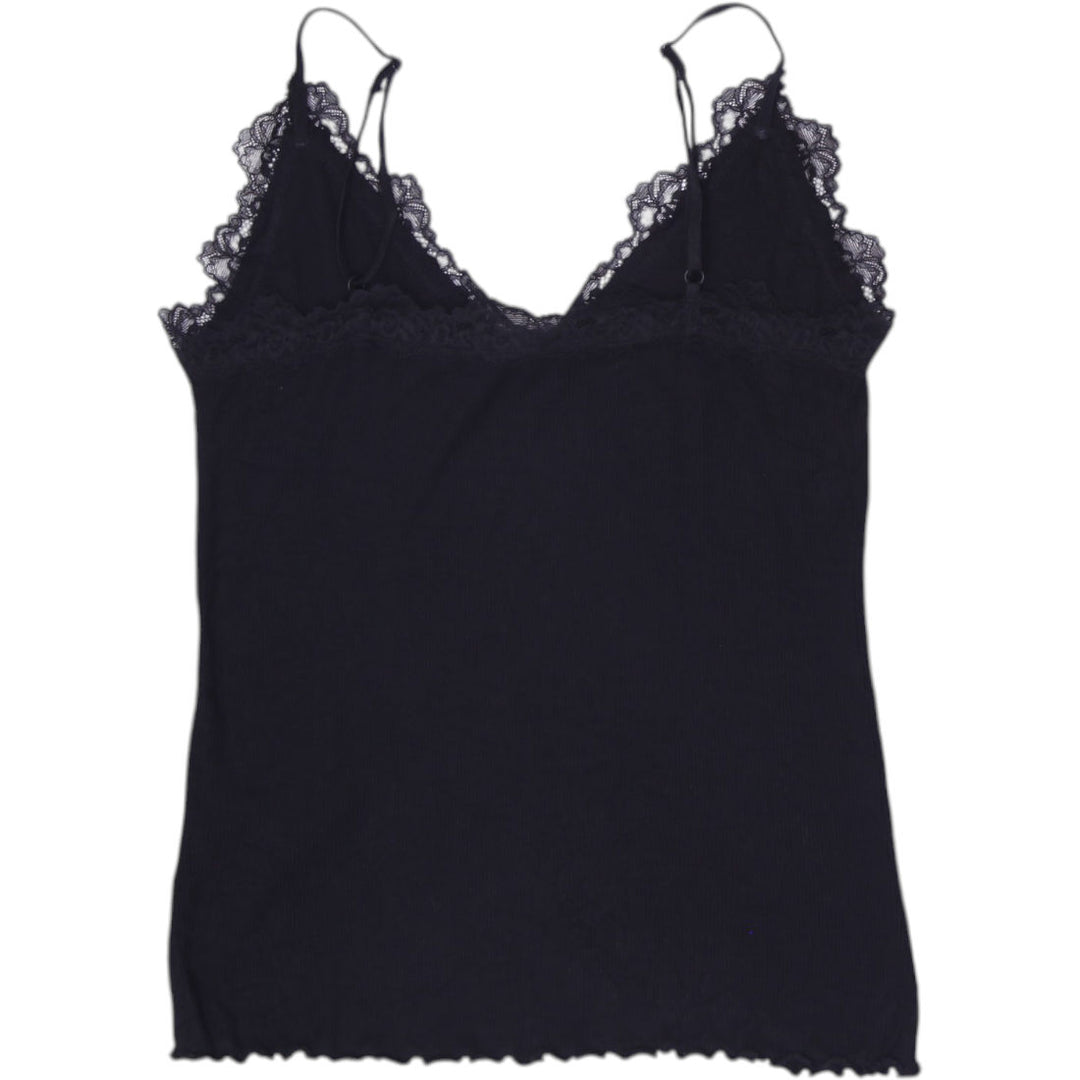 Y2K Ladies Amisu Black Ribbed Cami Top Lace Trim Spaghetti Strap Lettuce Hem L